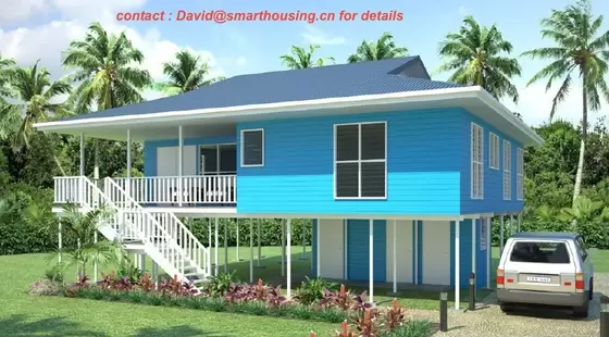 Fireproof Two-Story Prefab Beach Bungalow , Blue Home Beach Bungalows Wooden Bungalow